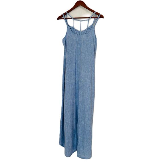Antibes Blanc Sundress Women L Blue Chambray Maxi Strappy Asymmetrical Beachy - Picture 2 of 13